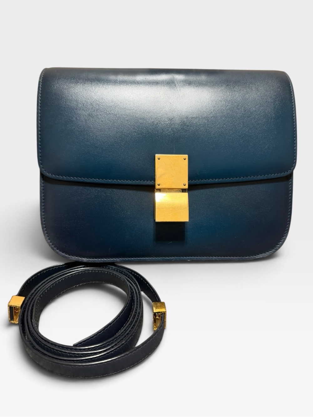 Celine Classic Box Medium Blue Smooth Calfskin Leather Gold Hardware Crossbody